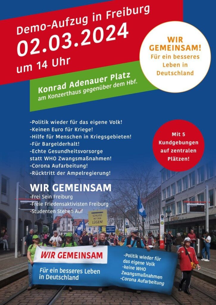 Demo Aufzug von WIR GEMEINSAM durch die Freiburger Innenstadt am 2. März 2024 um 14 Uhr am Konrad Adenauer Platz