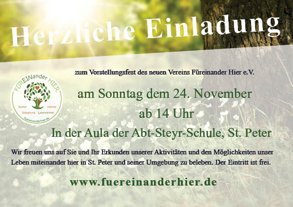 FüreinanderHier e.V. stellt sich am 24. November 2024 mit einem Fest in St. Peter vor.