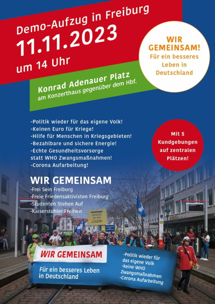 Wir gemeinsam - Für ein besseres Leben in Deutschland. Demo Aufzug in der Freiburger Innenstadt am 11. November 2023.