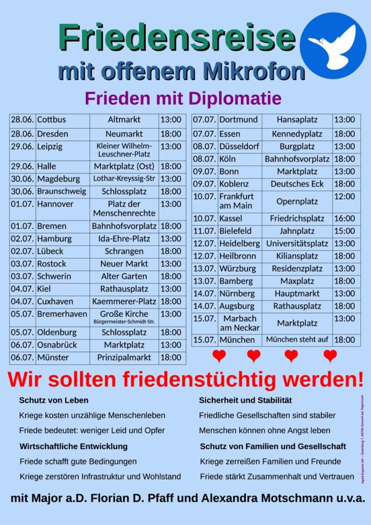 Friedensreise mit Major a.D. Florian Pfaff und Alexandra Motschmann, Heidelberg, 12. Juli 2026